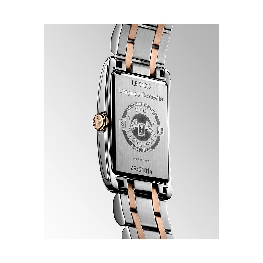 Longines Damenuhr aus Edelstahl und Roségold, rechteckiges Gehäuse, bicolor.