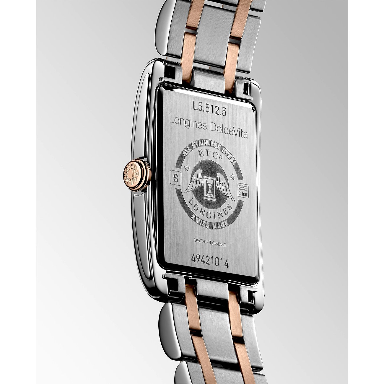 Longines Damenuhr aus Edelstahl und Roségold, rechteckiges Gehäuse, bicolor.