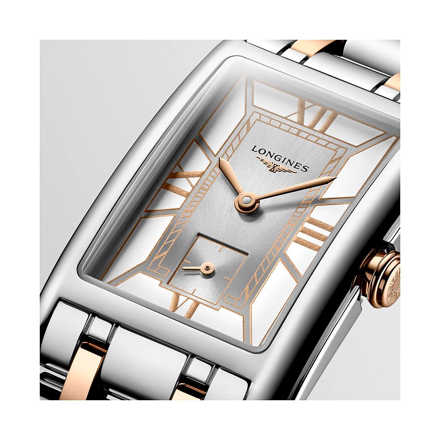 Longines Damenuhr mit Edelstahlgehäuse, bicolor, analog, mit Roségolddetails.