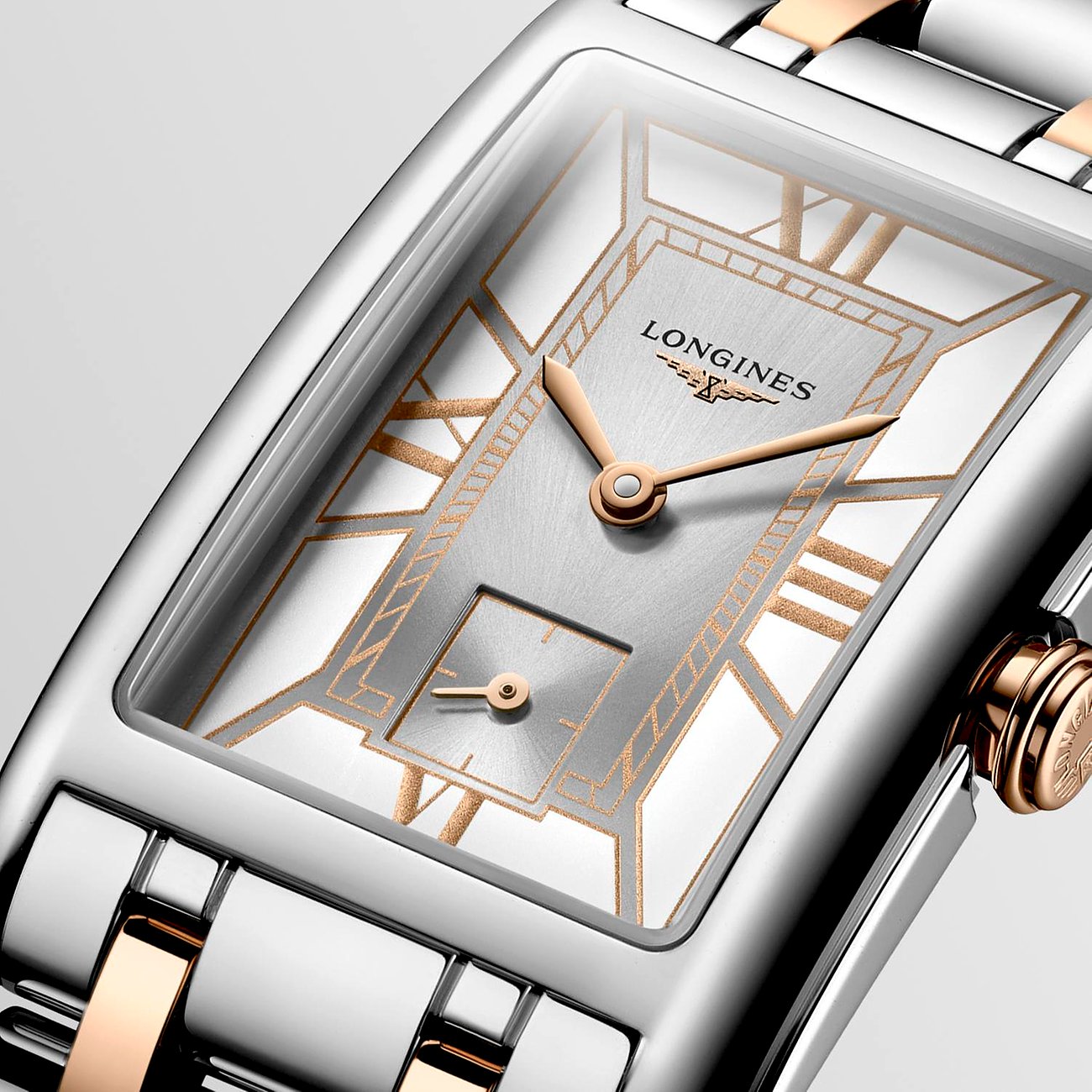 Longines Damenuhr mit Edelstahlgehäuse, bicolor, analog, mit Roségolddetails.