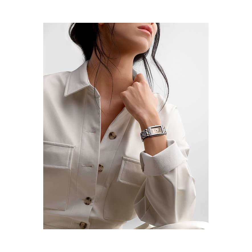 Longines Damenuhr mit Edelstahlgehäuse, bicolor, rechteckig, mit römischen Ziffern.