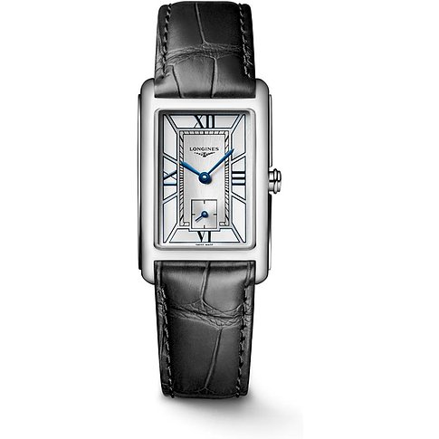 Longines Damenuhr mit Edelstahlgehäuse, weißem Zifferblatt und blauem Zeiger.
