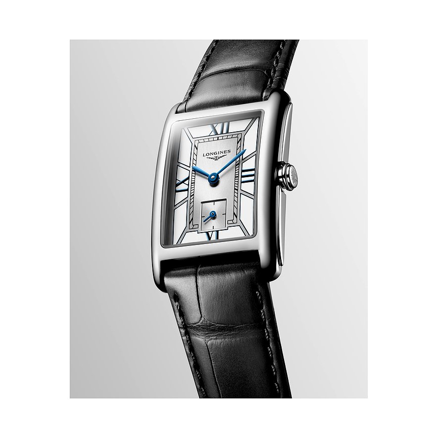 Longines Damenuhr mit Edelstahlgehäuse, silberfarbenes Zifferblatt, analog.