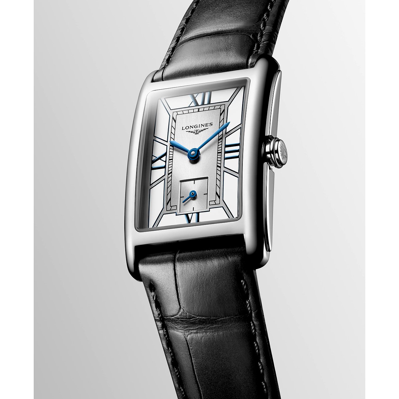 Longines Damenuhr mit Edelstahlgehäuse, silberfarbenes Zifferblatt, analog.