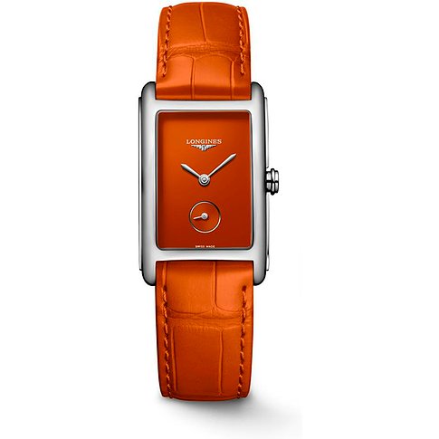 Longines Damenuhr aus Edelstahl mit rechteckigem, oranger Zifferblatt und orangefarbenem Lederarmband.