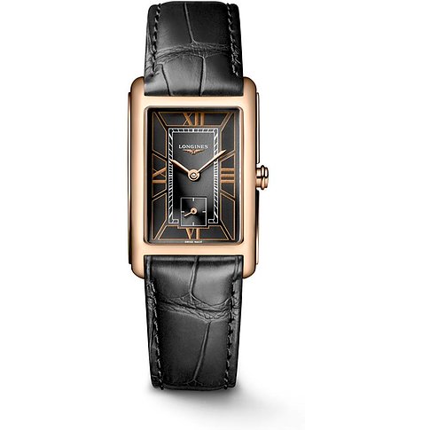 Longines Damenuhr aus 750 Roségold mit rechteckigem Gehäuse und schwarzem Zifferblatt mit römischen Ziffern.