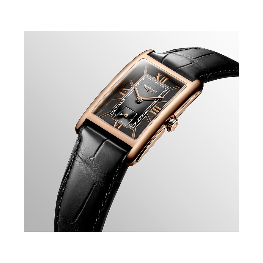 Longines Damenuhr aus 750er Roségold mit rechteckigem Gehäuse, schwarzem Zifferblatt und schwarzem Lederarmband.