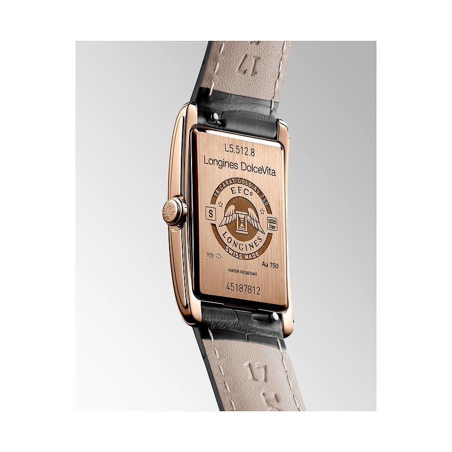 Rückseite einer rechteckigen Longines Damenuhr aus 750er Roségold mit eingravierten Produktdetails.