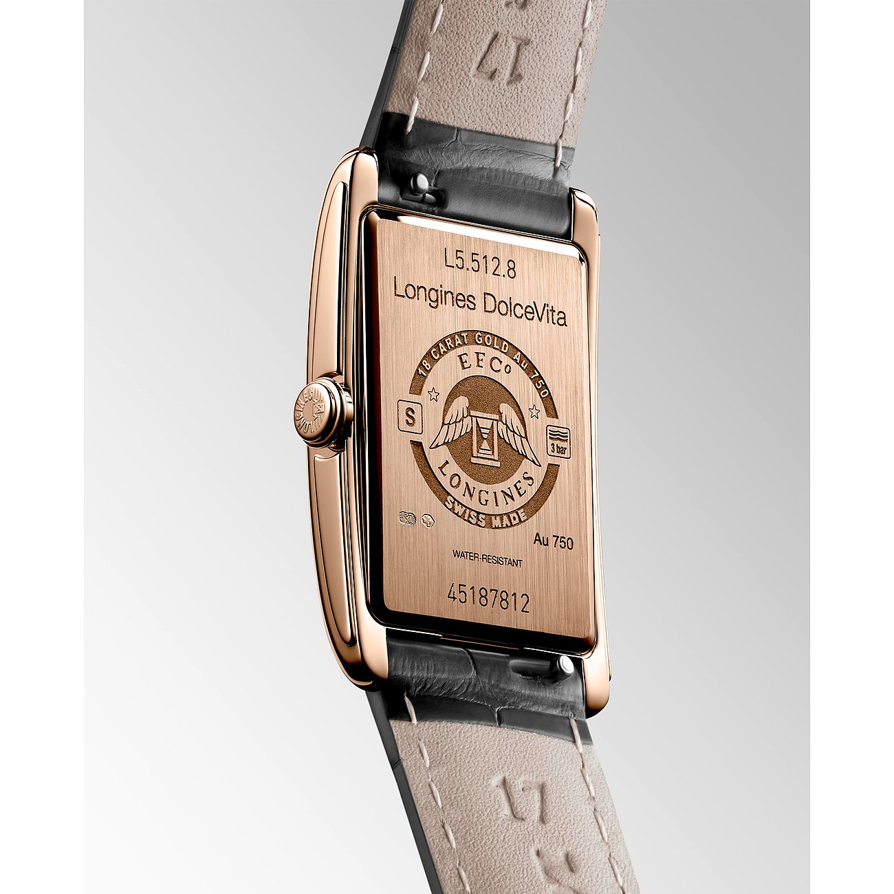 Rückseite einer rechteckigen Longines Damenuhr aus 750er Roségold mit eingravierten Produktdetails.