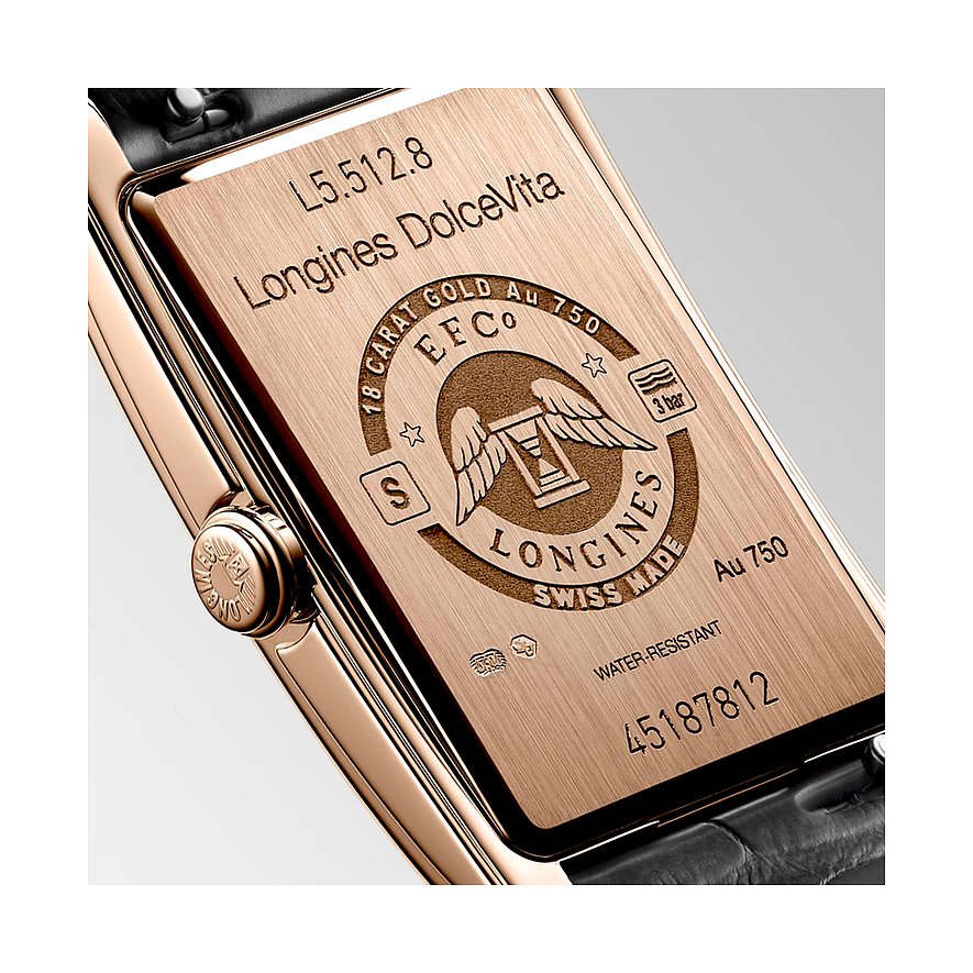 Die Rückseite einer Longines Damenuhr aus poliertem Roségold 750, Details und Gravuren sind deutlich sichtbar.