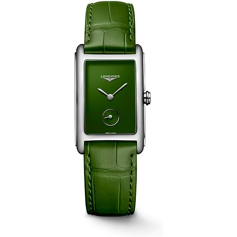 Longines Damenuhr aus Edelstahl mit rechteckigem Gehäuse, grünem Zifferblatt und grünem Lederarmband.