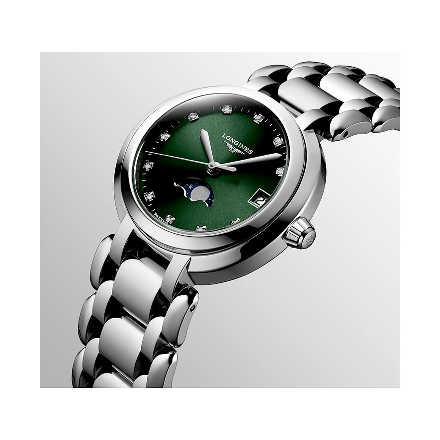 Longines Damenuhr mit Edelstahlgehäuse und Diamanten.