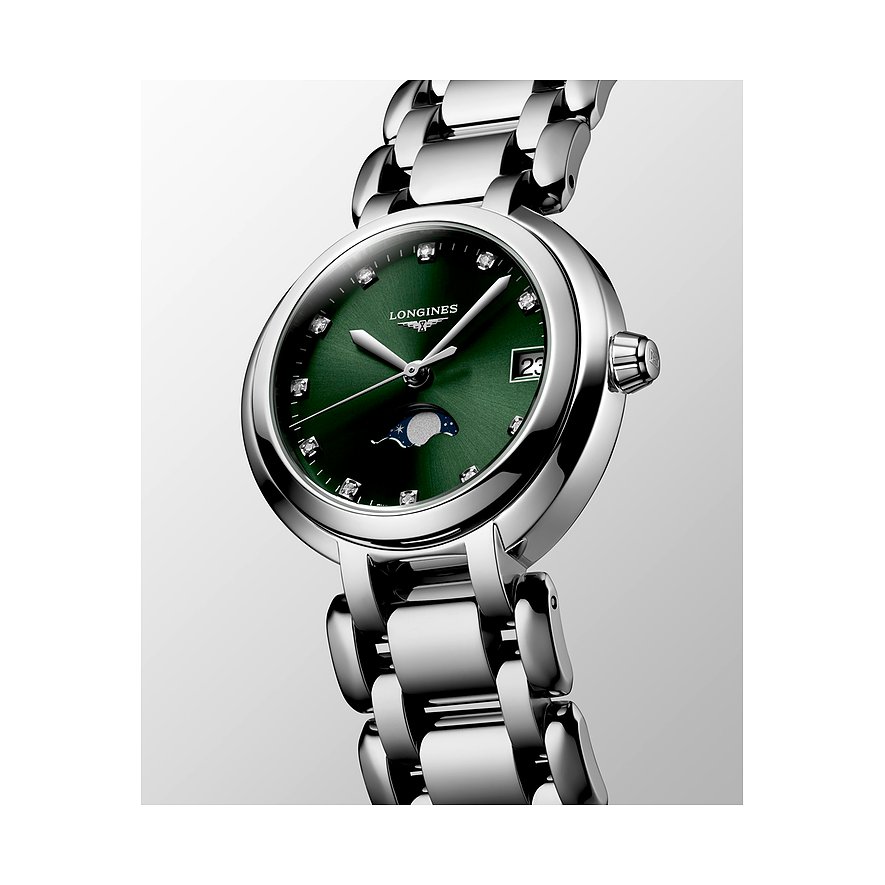 Longines Damenuhr aus Edelstahl mit Diamanten und grünem Zifferblatt.