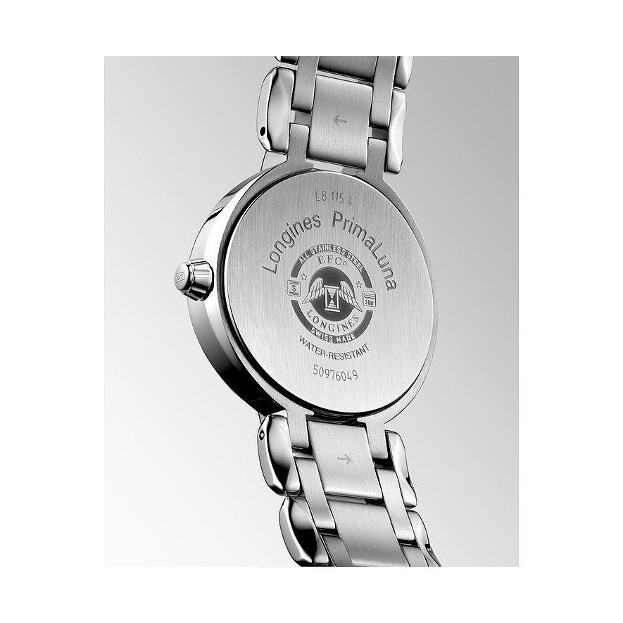 Longines Damenuhr aus Edelstahl mit Diamanten, silberfarbenes Gehäuse.