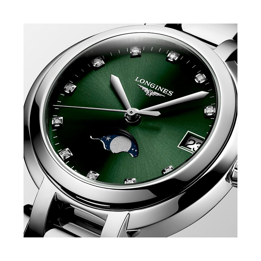 Longines Damenuhr aus Edelstahl mit Diamanten und Datumsanzeige.