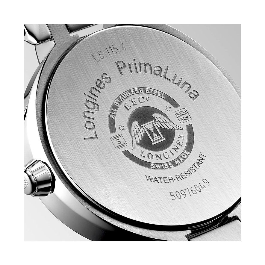 Longines PrimaLuna Damenuhr aus Edelstahl, analog, mit Diamanten.