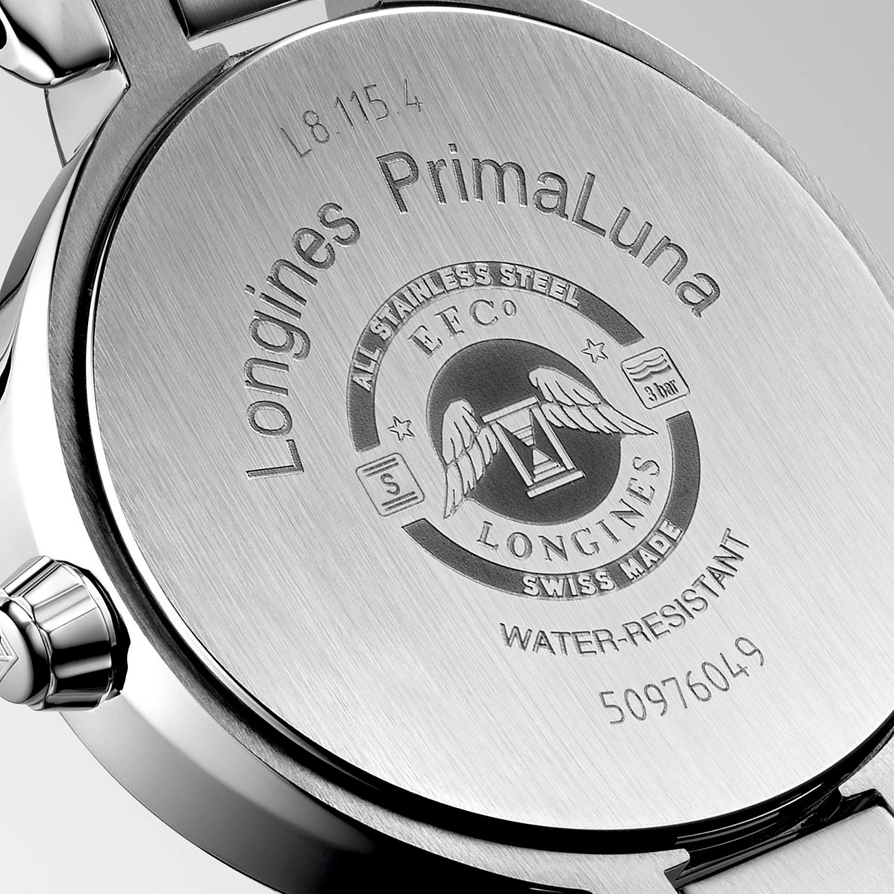 Longines PrimaLuna Damenuhr aus Edelstahl, analog, mit Diamanten.