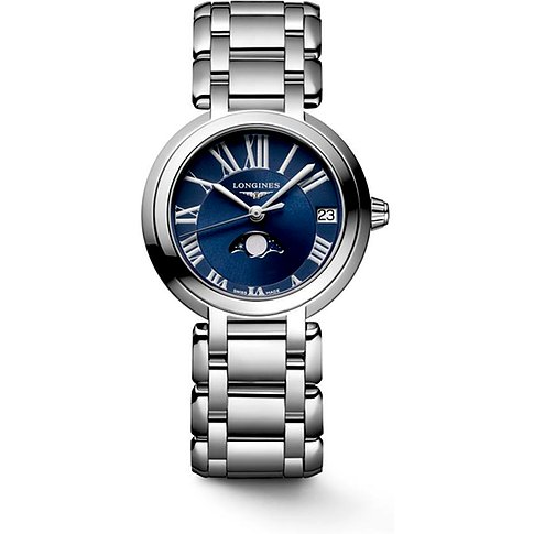 Longines Damenuhr mit Edelstahlgehäuse, blauem Zifferblatt und Mondphasenanzeige.