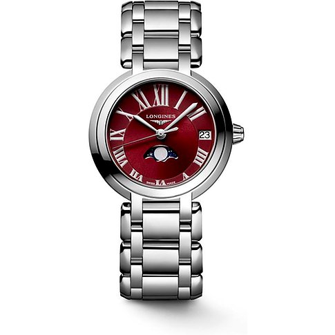 Nahaufnahme einer Longines Damenuhr aus Edelstahl mit leuchtend rotem Zifferblatt und silbernem Armband.
