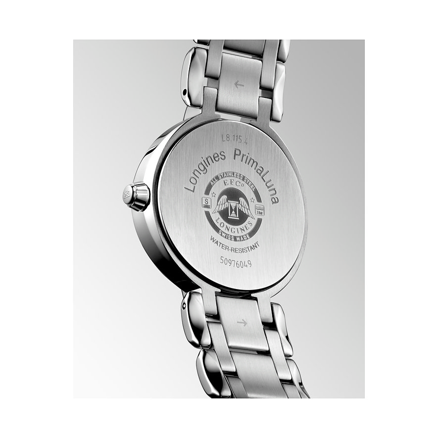 Longines Damenuhr aus Edelstahl, analog, mit Diamanten.