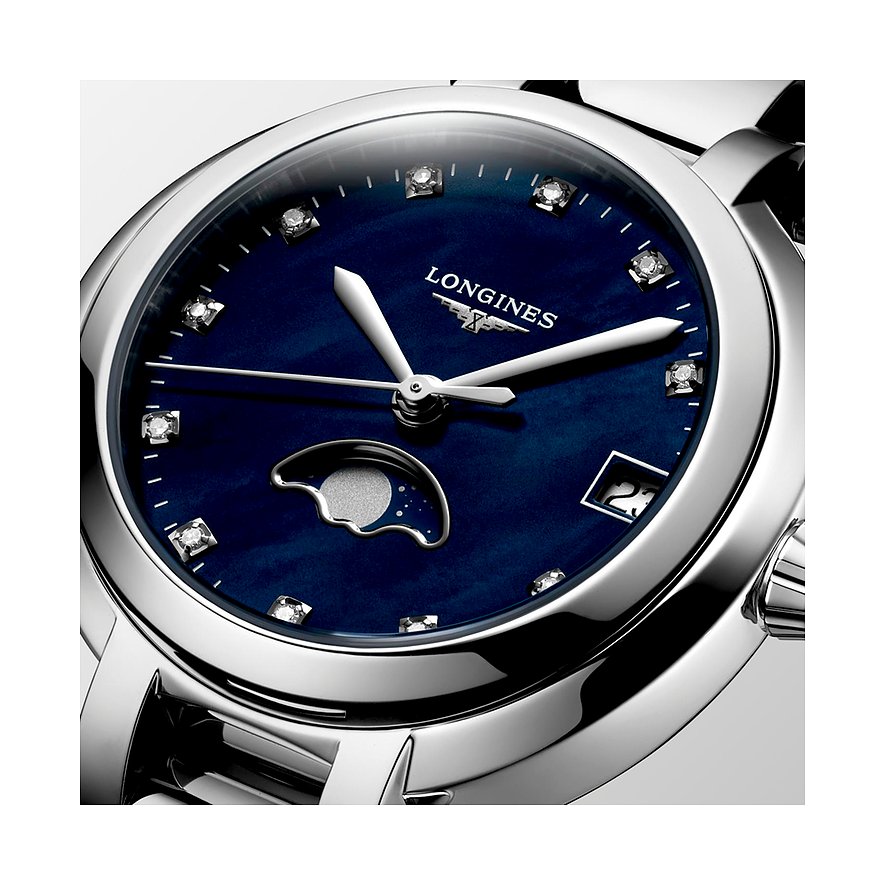 Longines Damenuhr aus Edelstahl mit Diamanten und Mondphasenanzeige.
