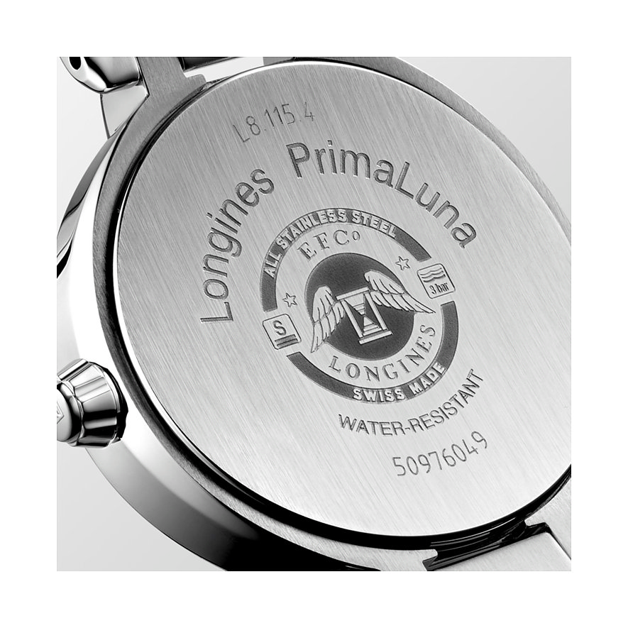 Longines Damenuhr aus Edelstahl mit Diamanten, analog, mit geriffeltem Gehäuse.