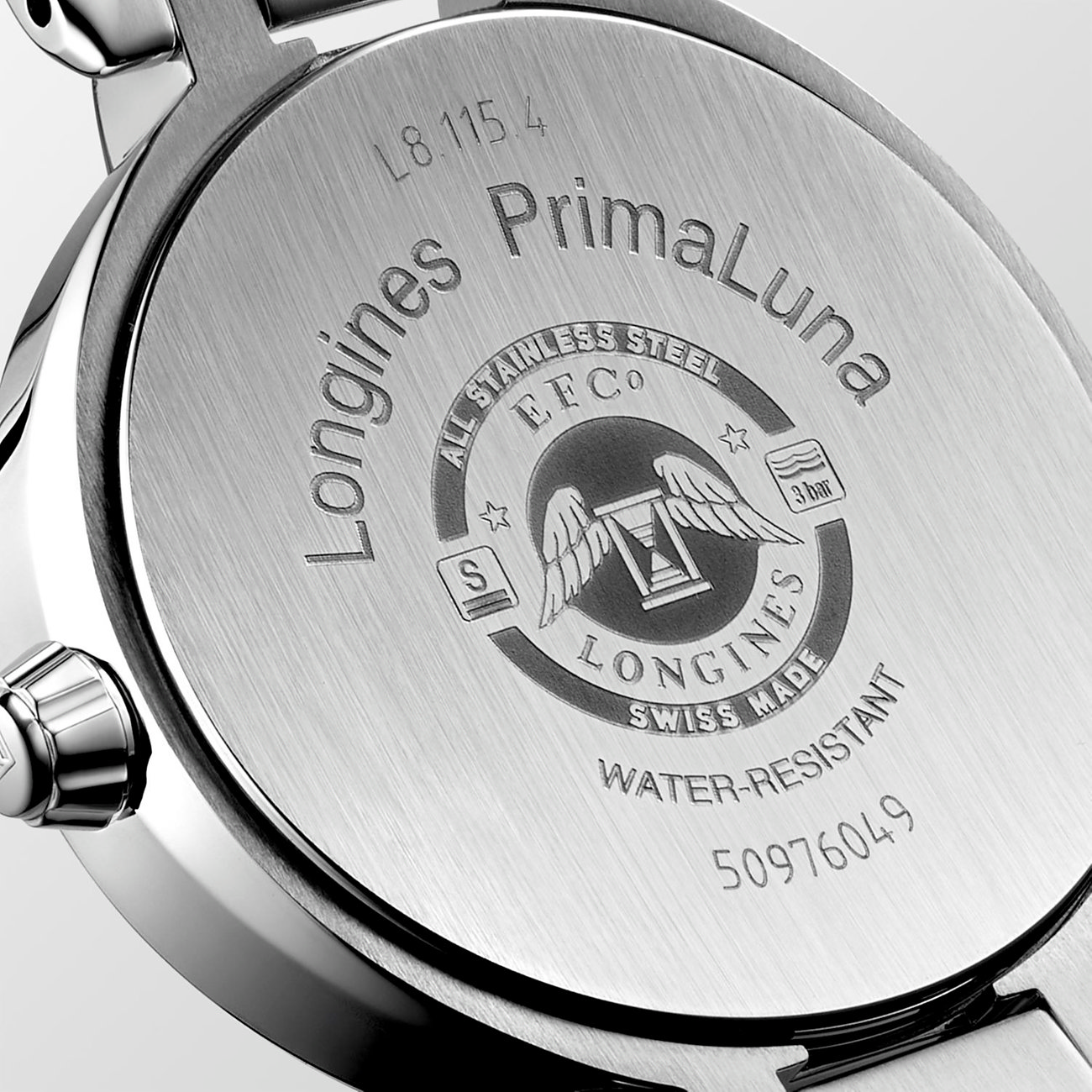 Longines Damenuhr aus Edelstahl mit Diamanten, analog, mit geriffeltem Gehäuse.