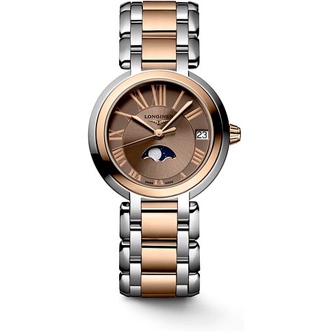 Longines Damenuhr mit Edelstahlgehäuse, bicolor, analog, mit Mondphase.