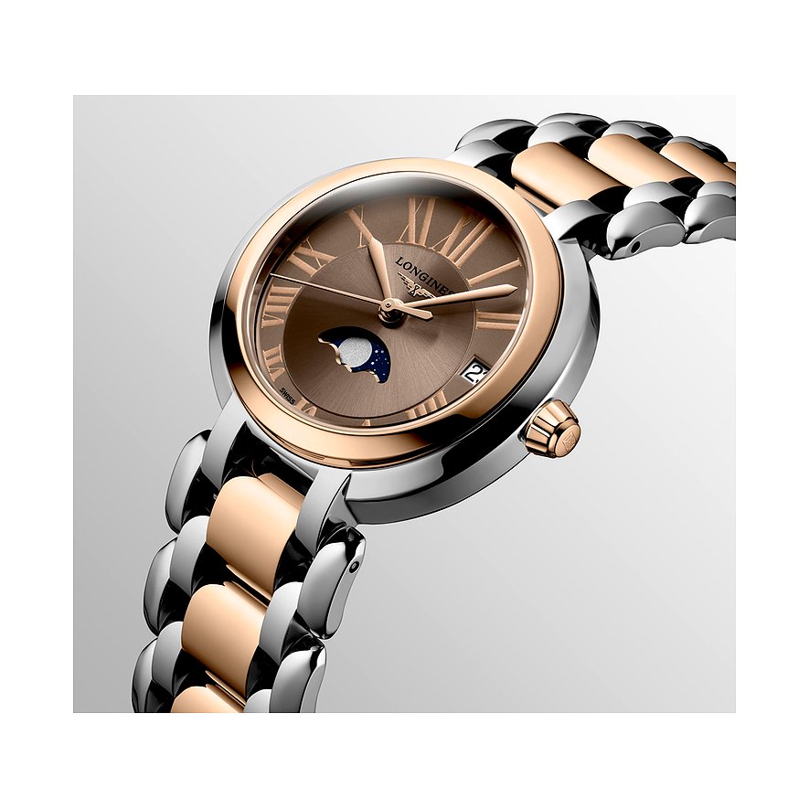 Longines Damenuhr aus Edelstahl und 750 Roségold, analog mit Mondphase und Datum.