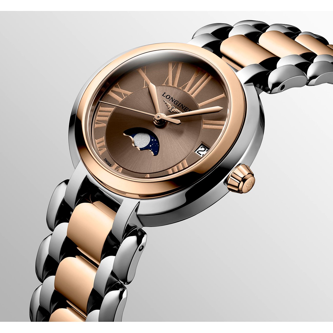 Longines Damenuhr aus Edelstahl und 750 Roségold, analog mit Mondphase und Datum.