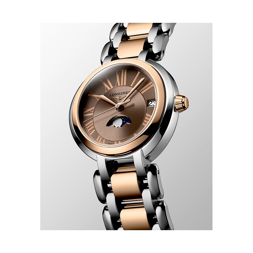 Longines Damenuhr mit Edelstahlgehäuse und Roségold, analog, mit Mondphase und Datum.