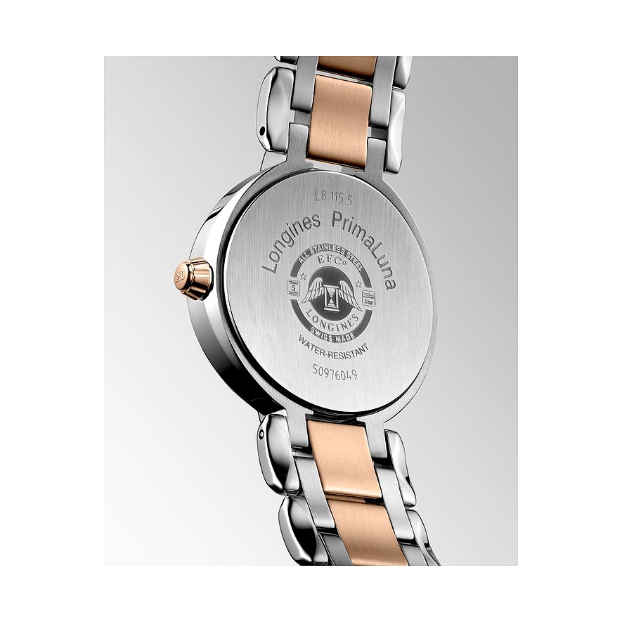 Longines Damenuhr mit Edelstahlgehäuse, bicolor, analog.