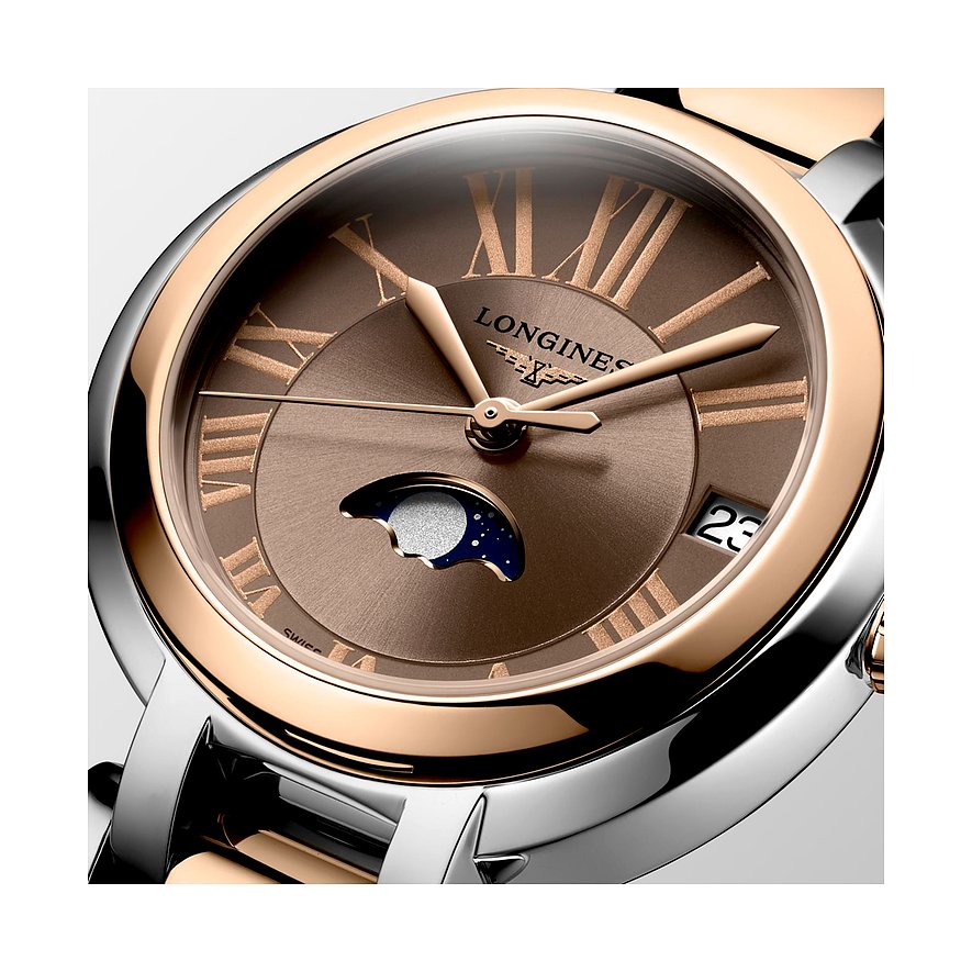 Longines Damenuhr mit Edelstahlgehäuse und Roségold-Lünette, analog, mit Mondphase.