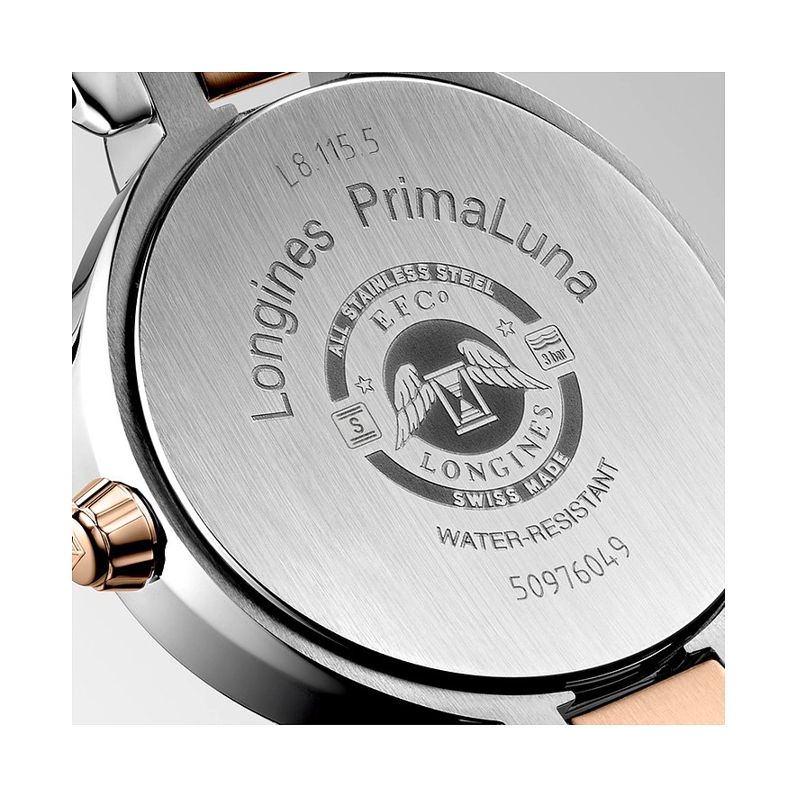 Longines PrimaLuna Damenuhr mit Edelstahlgehäuse und Roségold-Akzenten.
