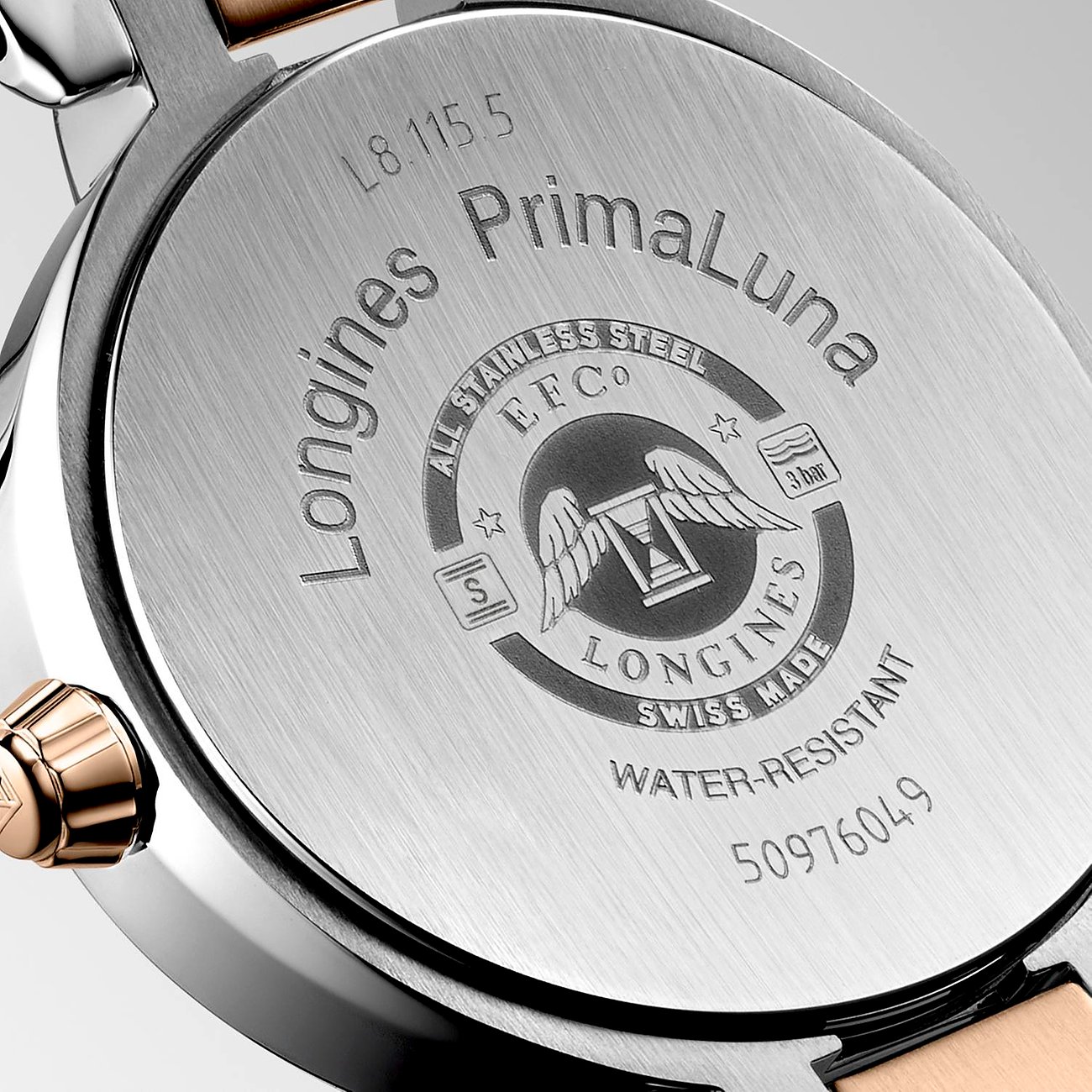 Longines PrimaLuna Damenuhr mit Edelstahlgehäuse und Roségold-Akzenten.