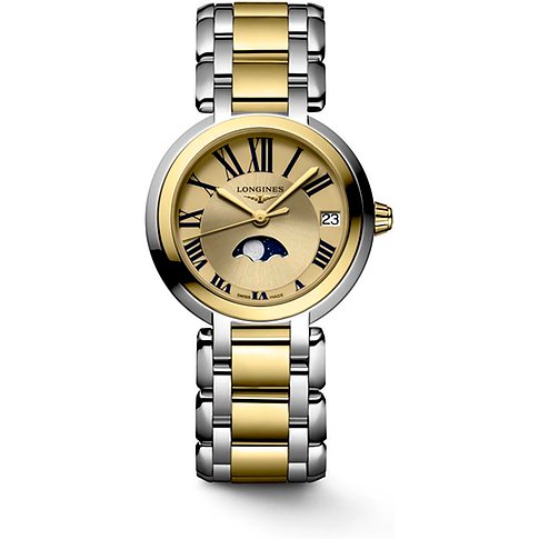 Longines Damenuhr mit Edelstahl- und Gelbgoldgehäuse, analog, mit Mondphase.