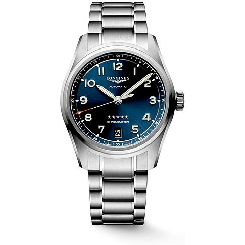 Longines Damenuhr mit Edelstahlgehäuse, blauem Zifferblatt und Datumsanzeige.