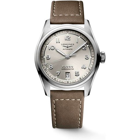 Longines Damenuhr mit Edelstahlgehäuse, silberfarbenes Zifferblatt und braunes Lederarmband.