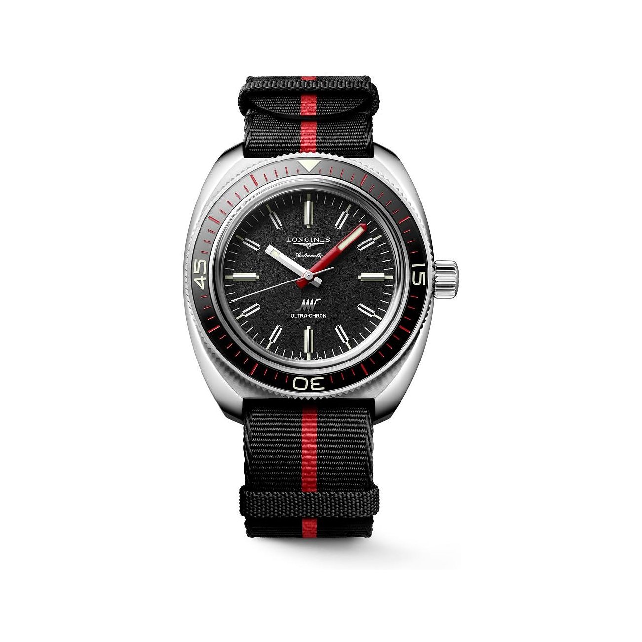 Longines Armbanduhr aus Edelstahl mit schwarzem Zifferblatt und schwarz-rotem NATO-Armband, Aufsicht.