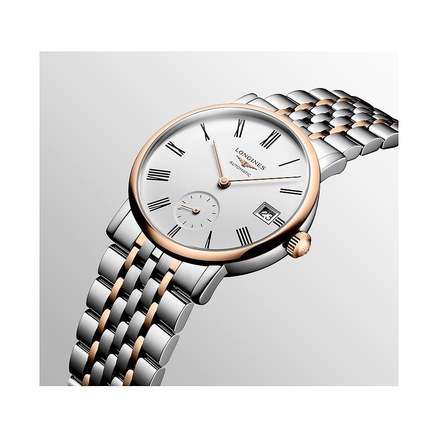 Longines Damenuhr mit Edelstahlgehäuse, Roségold und römischen Ziffern.