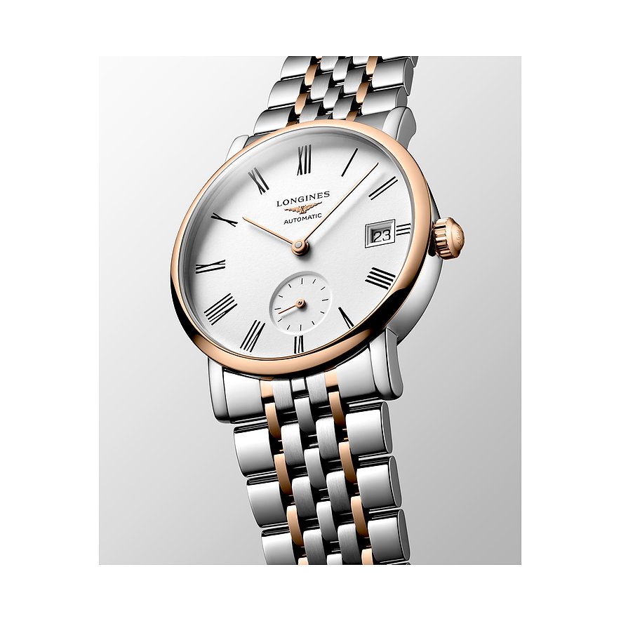 Longines Damenuhr mit Edelstahlgehäuse, rosévergoldeter Lünette und bicolor-Armband.