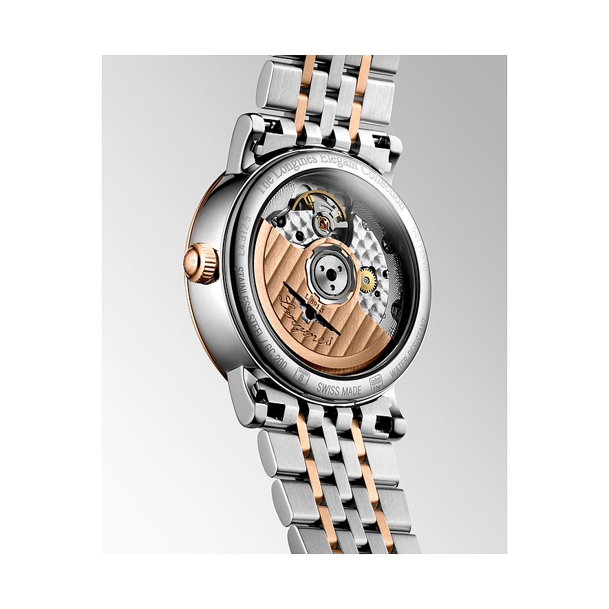 Longines Damenuhr aus Edelstahl und Roségold, bicolor, mit Sichtboden.