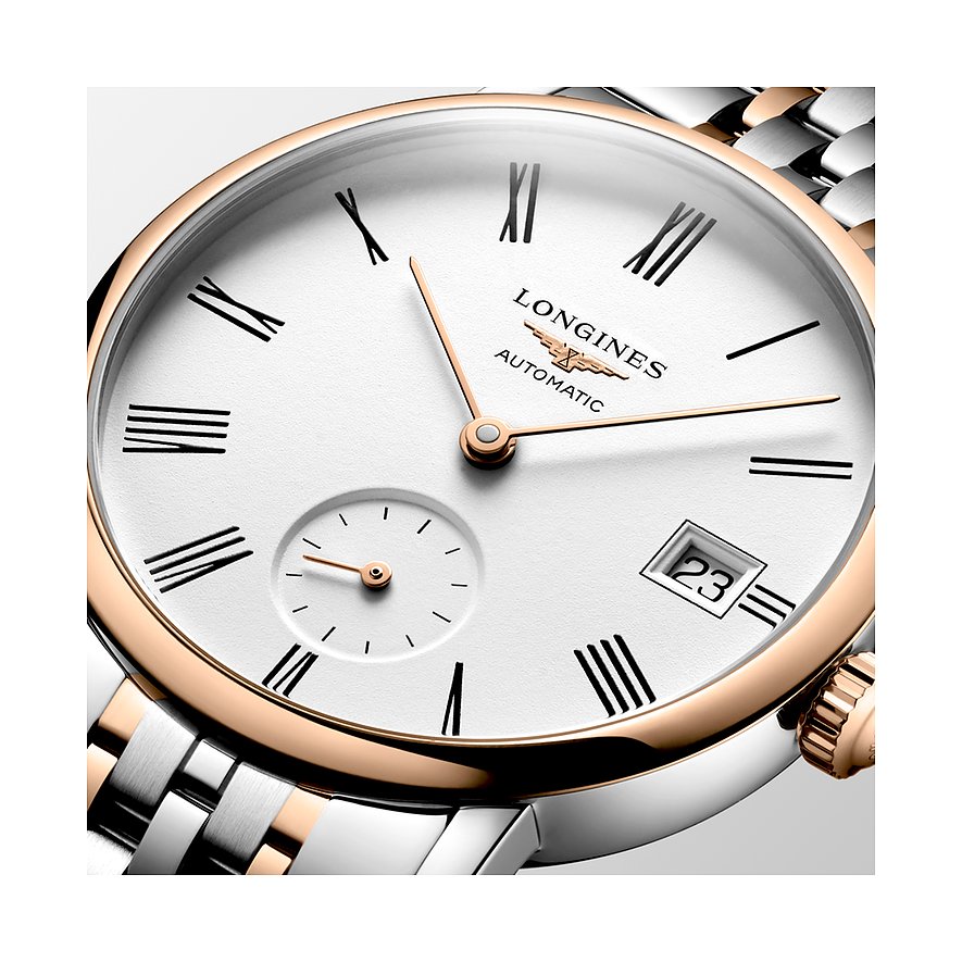 Longines Damenuhr mit Edelstahlgehäuse und Roségold-Akzenten, analog.