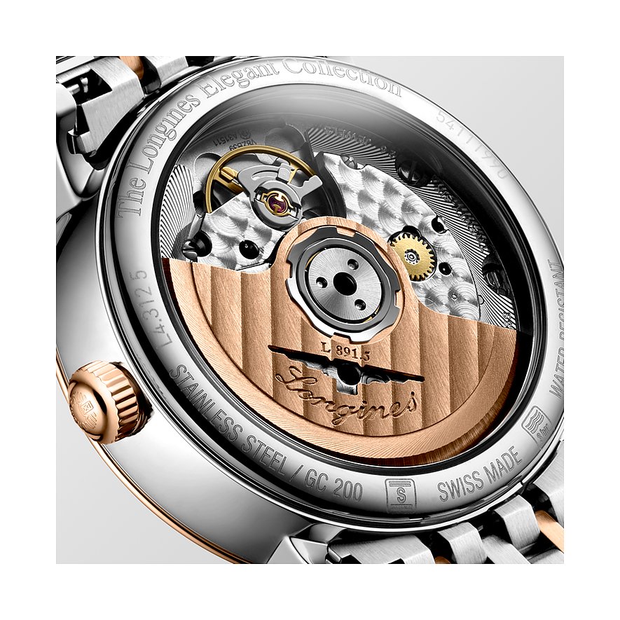 Longines Damenuhr aus Edelstahl und Roségold mit Sichtboden.