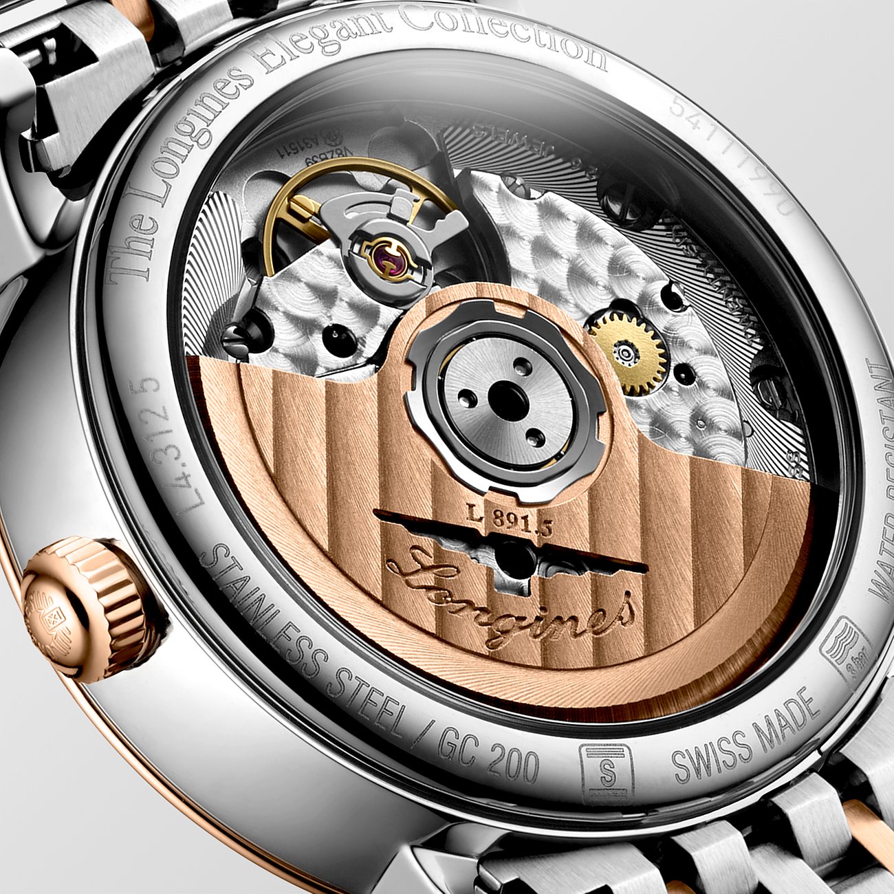 Longines Damenuhr aus Edelstahl und Roségold mit Sichtboden.