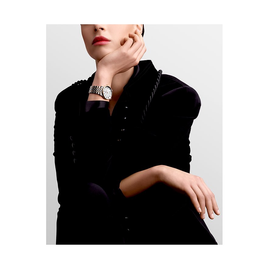 Longines Damenuhr aus Edelstahl und 750 Roségold mit weißem Zifferblatt.