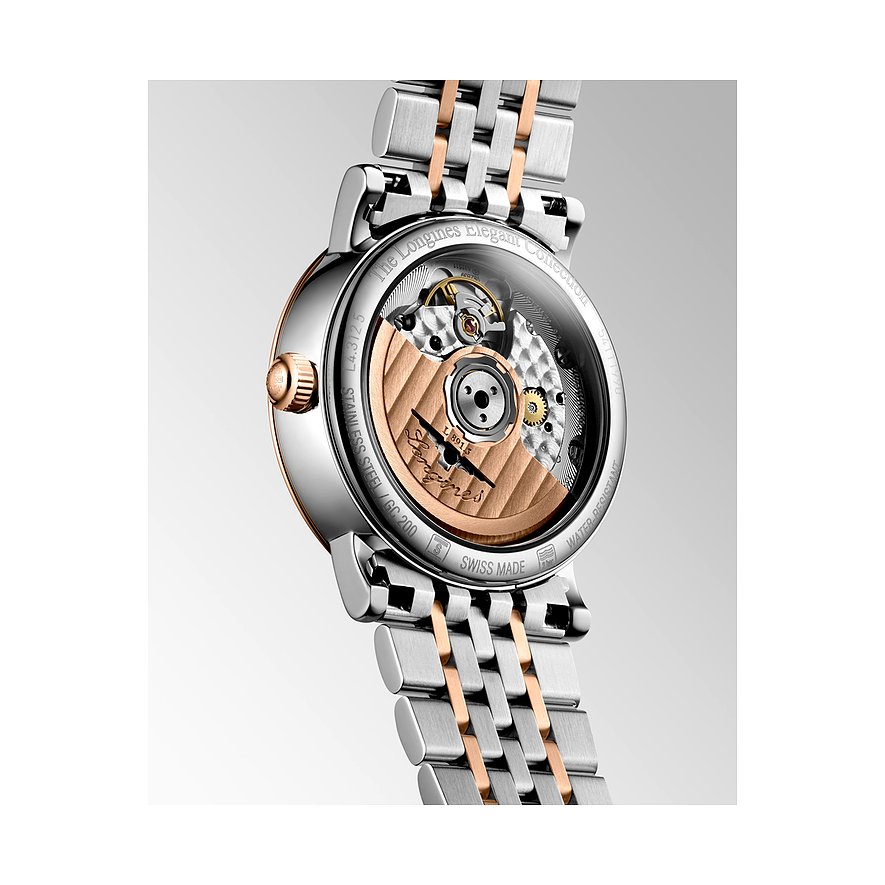 Rückseite einer Longines Damenuhr aus Edelstahl und Roségold mit Sichtboden, der das Uhrwerk zeigt.