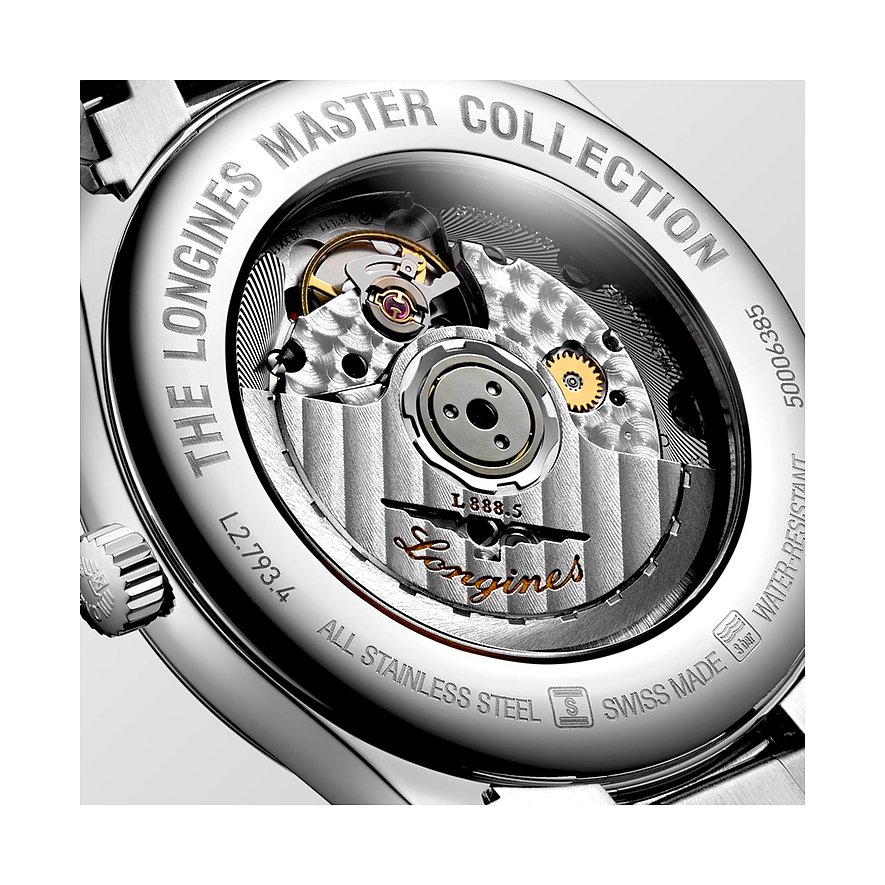 Rückseite einer Longines Herrenuhr aus Edelstahl mit sichtbarem Uhrwerk und Gravuren