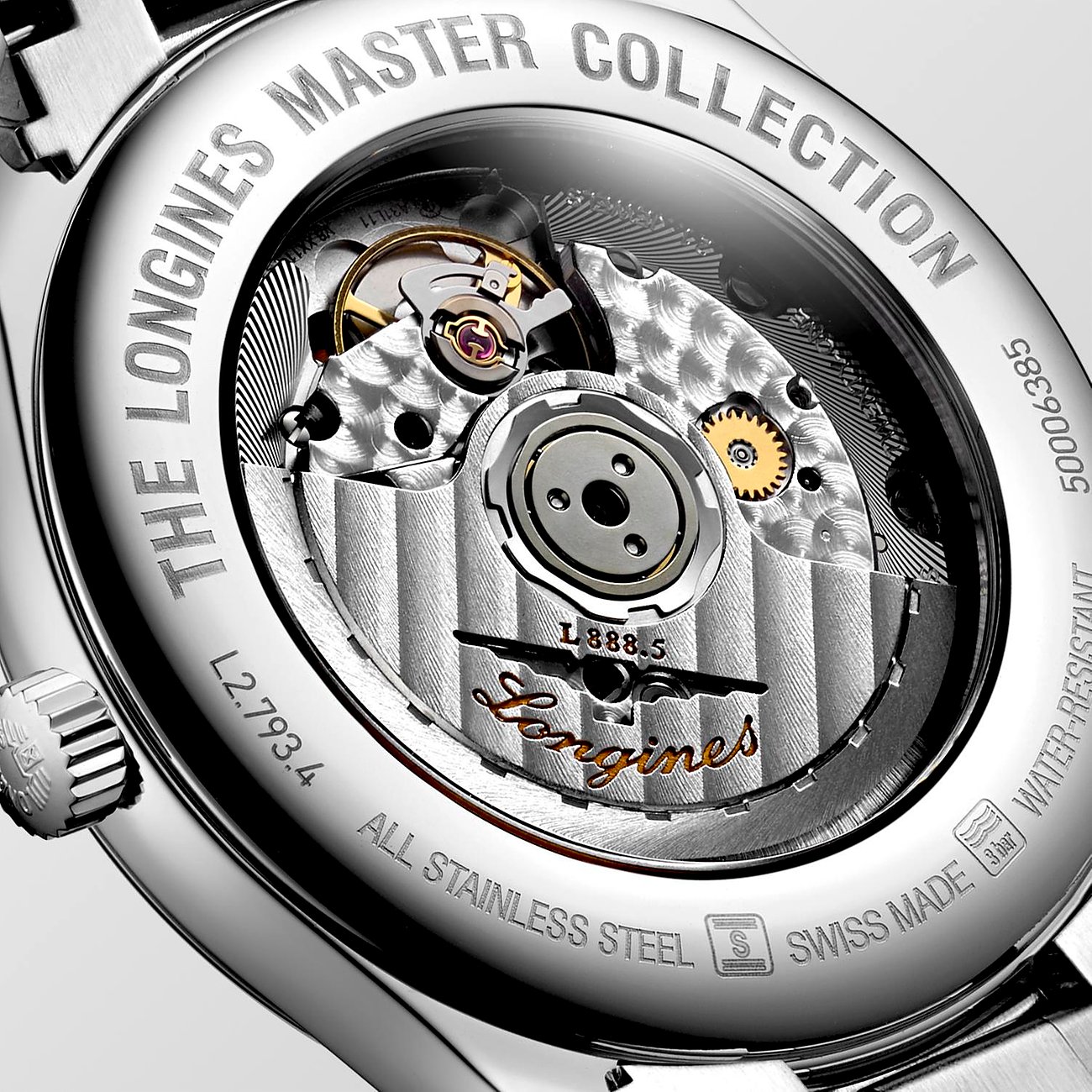 Rückseite einer Longines Herrenuhr aus Edelstahl mit sichtbarem Uhrwerk und Gravuren