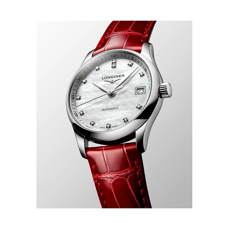 Longines Damenuhr aus Edelstahl mit Diamanten, rotem Lederarmband und Perlmuttzifferblatt mit Datumsanzeige.